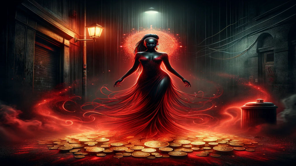Imagem da entidade espiritual Pomba Gira, representada como uma mulher negra usando um elegante vestido vermelho. Ela está em uma esquina, cercada por moedas de ouro que brilham intensamente. A cena é envolvida em tons escuros de preto e vermelho, com detalhes místicos como um halo iluminado atrás dela e fumaça ao redor, criando uma atmosfera de poder e espiritualidade.