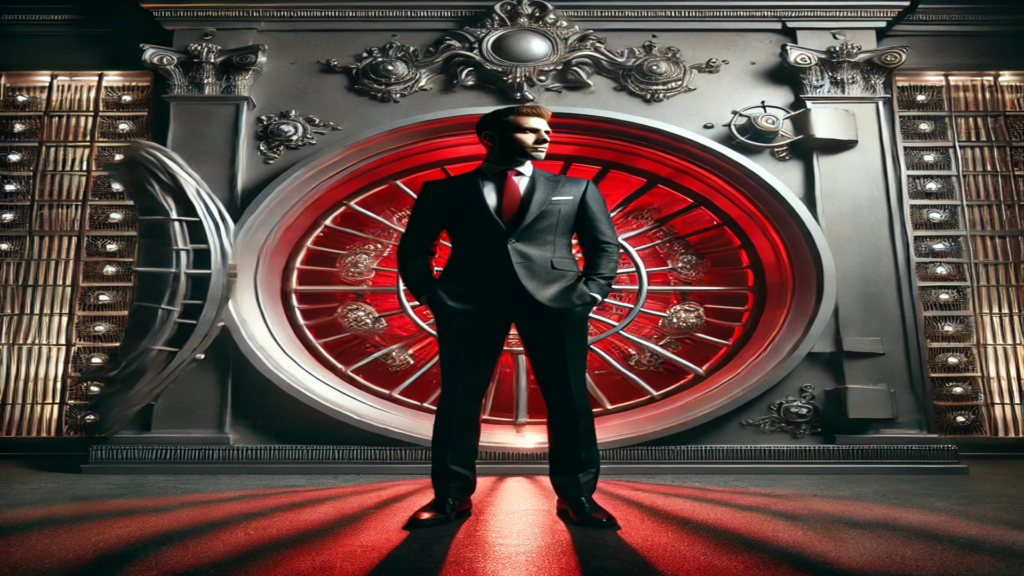 Imagem de um empresário confiante em frente a um cofre de banco imponente, irradiando sucesso e autoridade. A cena é dominada por tons de vermelho e preto, com luzes dramáticas iluminando o ambiente. O cofre ao fundo possui um design metálico detalhado e um brilho vermelho intenso, destacando a temática de pacto para investidores financeiros 