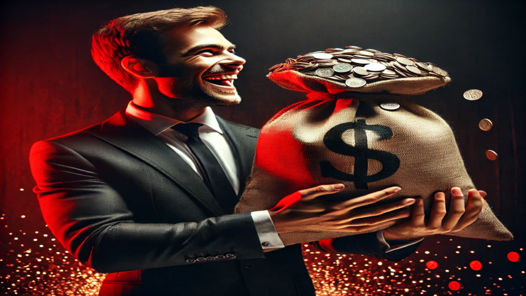 Imagem de um empresário sorridente segurando um grande saco de moedas, irradiando felicidade e sucesso. A cena é ambientada em tons de preto e vermelho, criando uma atmosfera intensa e poderosa. Moedas brilham ao redor do saco, simbolizando que pacto ara prosperidade de certo