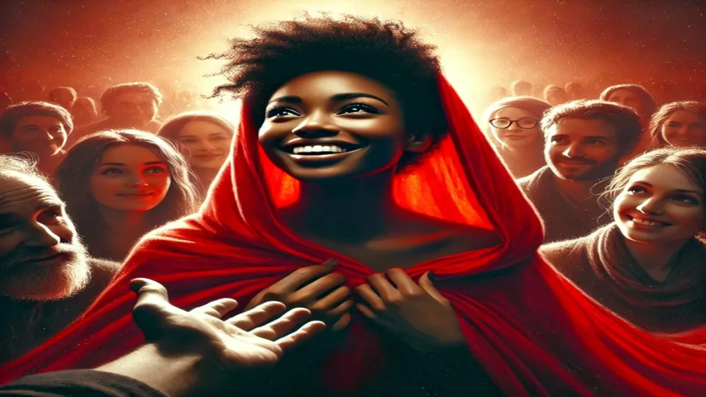 Uma mulher sorridente, envolta em um manto vermelho brilhante, destacando-se no centro de uma multidão. O fundo iluminado sugere um ambiente de positividade e conexão espiritual. As expressões de admiração e felicidade das pessoas ao redor reforçam que a Quimbanda não é do mal.