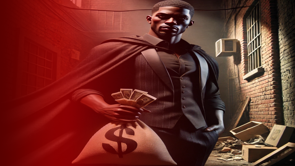 Figura de um homem estilizado segurando um saco de dinheiro com símbolo de dólar e notas, em um ambiente urbano com toneladas vermelhas, simbolizando a força de Exu na busca por finanças e finanças.