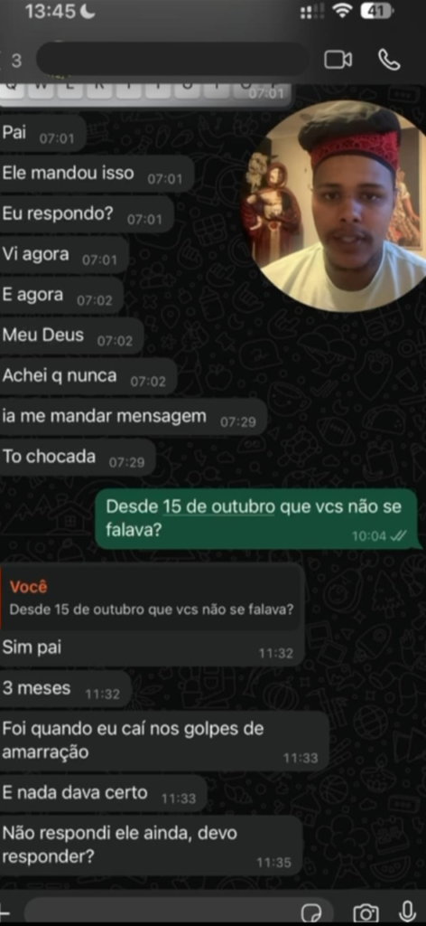 Captura de tela de uma conversa de WhatsApp onde uma pessoa relata dúvidas e preocupações relacionadas à reconciliação e questões sentimentais, mencionando tentativas frustradas de reverter o casamento que acabou.