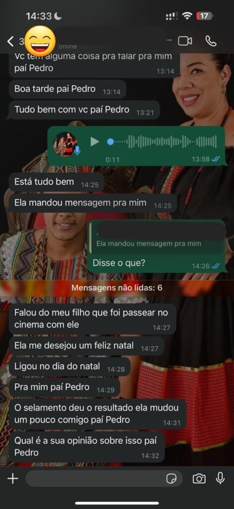 Print da tela de um celular mostrando uma conversa de WhatsApp entre um cliente e Pai Pedro, onde o cliente relata mudanças positivas e menciona que o Selamento Espiritual trouxe resultados desejados.