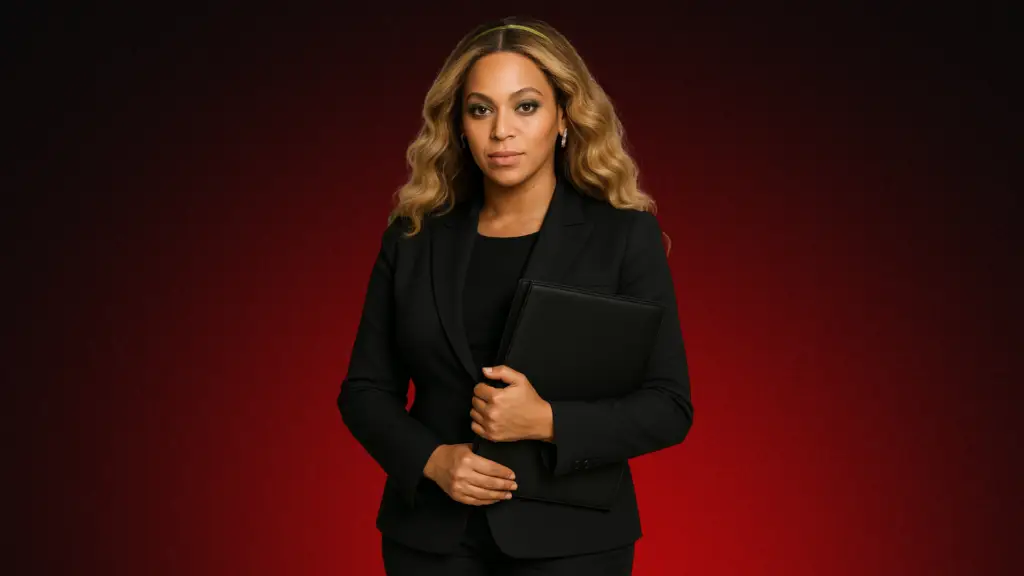 Imagem de uma mulher loira, segurando um microfone e falando para um público em um ambiente profissional. A cena remete à presença de palco, liderança e impacto cultural, alinhada ao tema de Beyoncé como ícone global.
