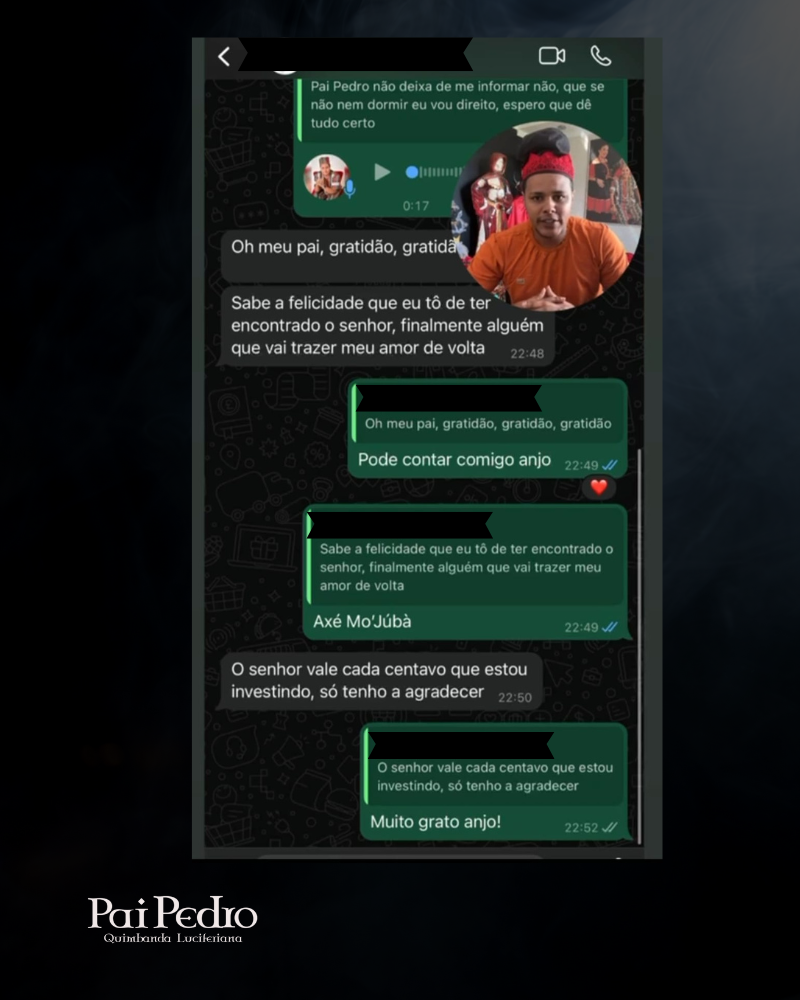 Print de conversa no WhatsApp entre cliente e Pai Pedro, demonstrando gratidão após ritual espiritual para trazer a pessoa amada de volta.