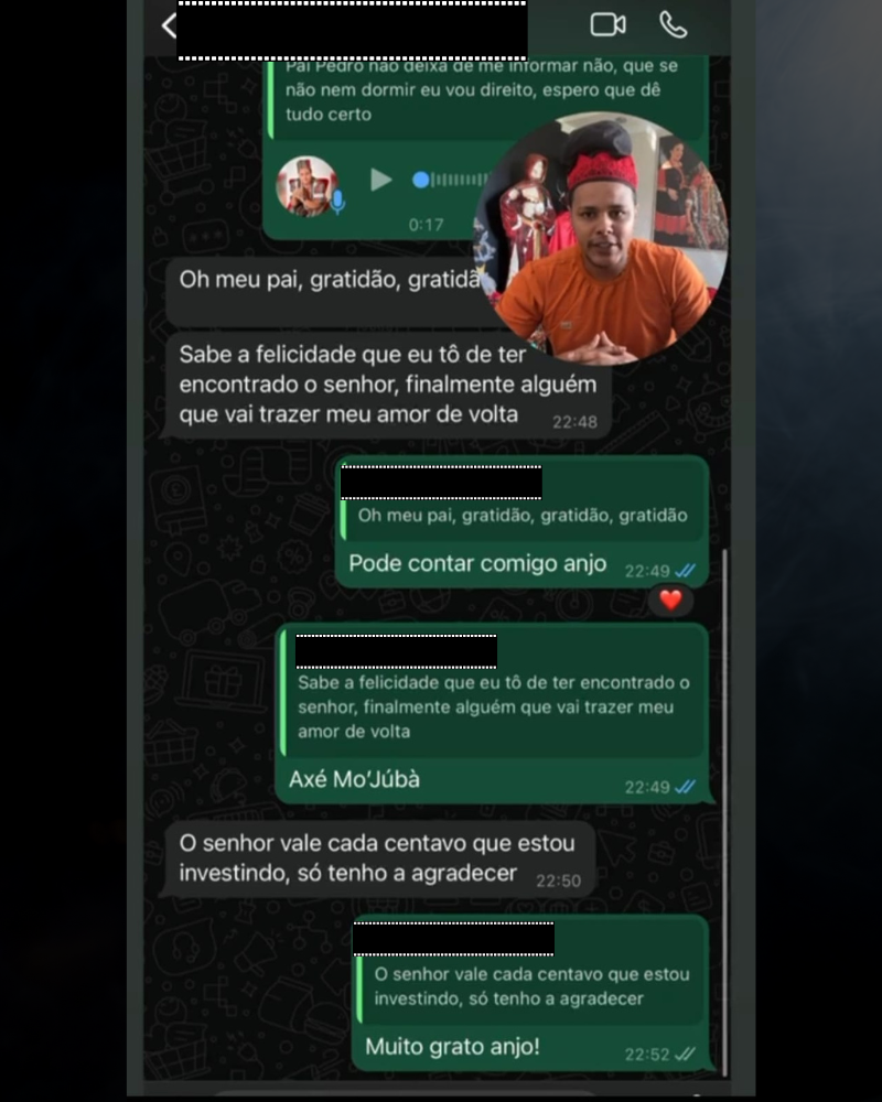 Print de conversa no WhatsApp entre cliente e Pai Pedro, demonstrando gratidão após ritual espiritual para trazer a pessoa amada de volta.