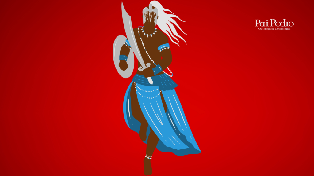 Representação simbólica de Ogum com espada e escudo, em fundo vermelho intenso, expressando força, ação e proteção espiritual na abertura de caminhos.