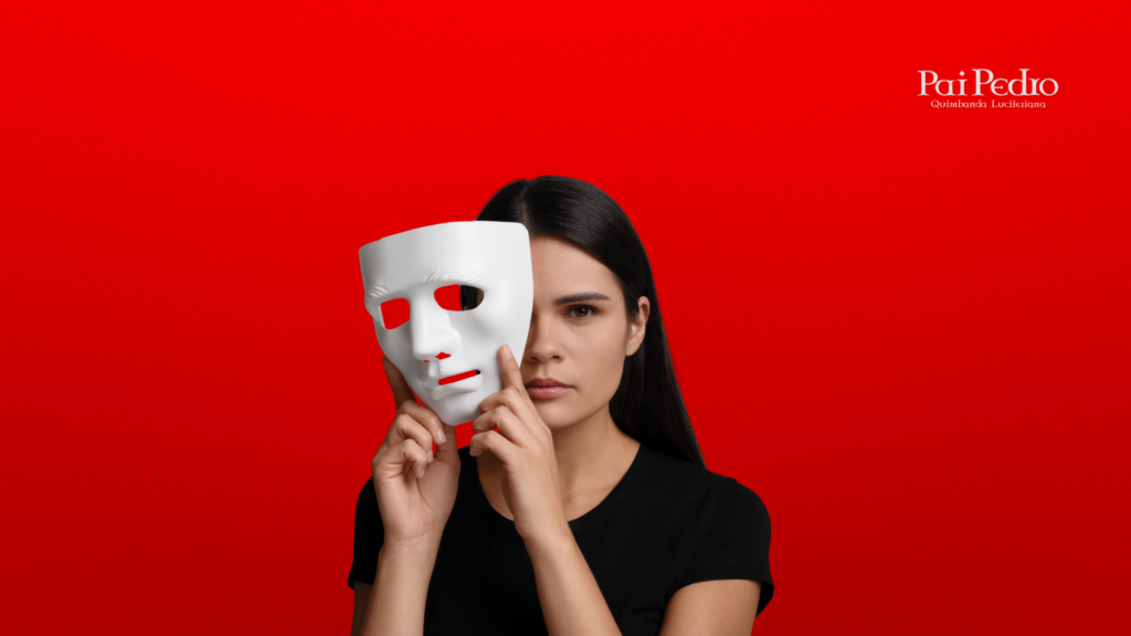 Mulher séria segurando uma máscara branca, revelando um olhar desconfiado, em frente a um fundo vermelho — simbolizando falsidade e ameaça externa, uma Mulher Talarica. 