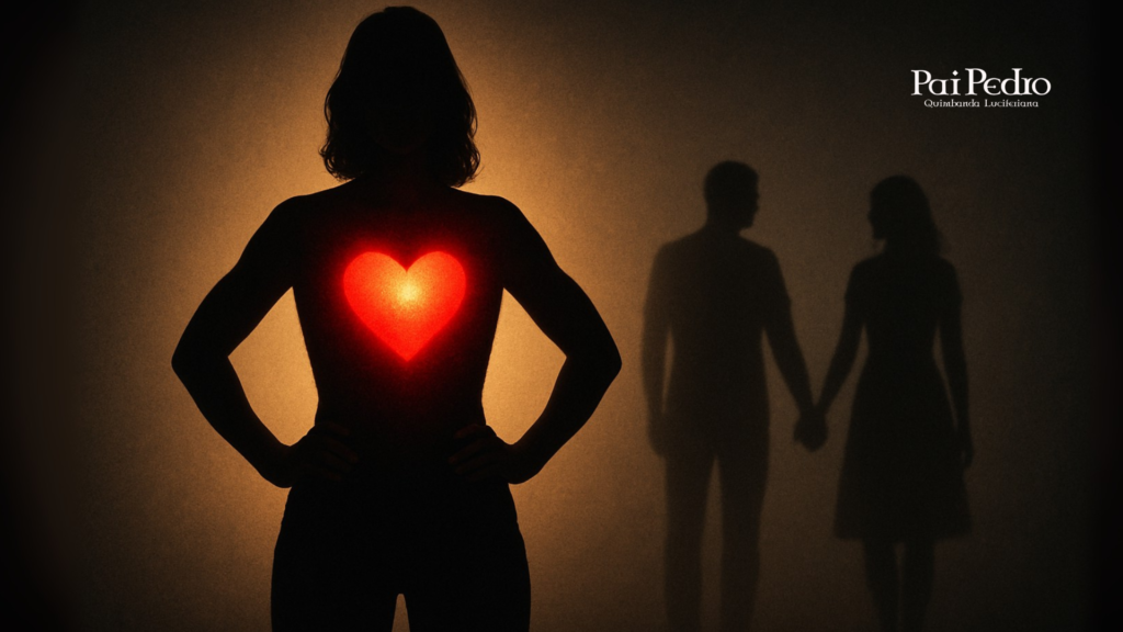 Silhueta de uma mulher com um coração iluminado no peito, em destaque, enquanto ao fundo se vê a sombra de um casal de mãos dadas, simbolizando que o verdadeiro amor romântico nasce sem exigir autoabandono.