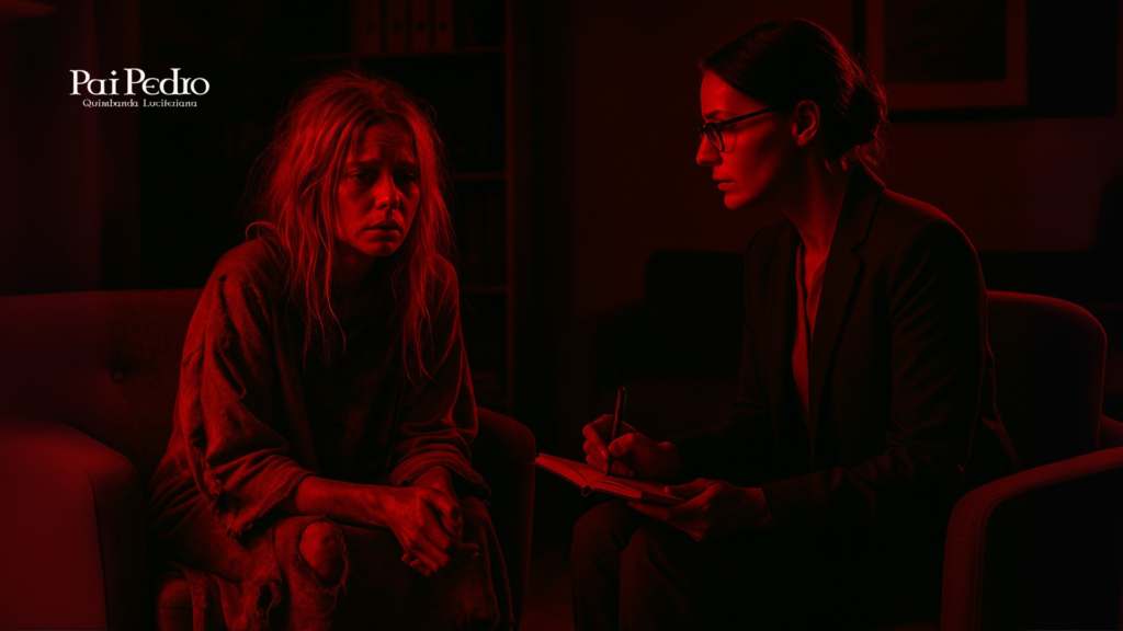 Mulher em roupas rasgadas, com expressão de sofrimento e vulnerabilidade, conversa com uma psicóloga de semblante sério que faz anotações em um caderno. A cena é iluminada em tons vermelhos, simbolizando intensidade emocional e dor psicológica de de mendigar afeto. 