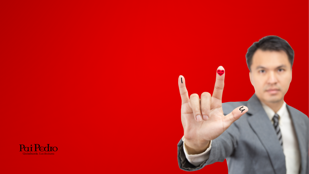 Homem em traje social faz o gesto de “I love you” com a mão, com fundo vermelho e símbolos de coração e letras, representando relacionamento online.