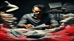 Imagem de um homem de meia-idade sentado em uma mesa repleta de contas e documentos. O ambiente está mergulhado em tons de preto e vermelho, transmitindo uma sensação de preocupação e pressão financeira. A expressão séria e técnicas do homem reflete o peso das responsabilidades e dificuldades de início de ano, quando as despesas fixas, como IPTU e IPVA, somadas aos gastos das festas, tornam pacto para prosperidade essencial.