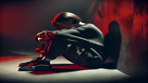 Mulher sentada no chão em um ambiente com toneladas dramáticas de preto e vermelho, aparentando tristeza e reflexão. Ela veste roupas casuais e está com a cabeça abaixada, em uma cena que transmite desespero e decepção, pois é um depoimento amarração amorosa que não deu certo.