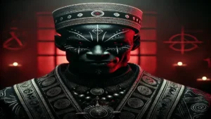 Uma figura imponente vestida com roupas cerimoniais ornamentadas, decorada com símbolos esotéricos. O fundo iluminado em tons de vermelho e preto remete a um ambiente místico, com elementos que sugerem rituais ou espiritualidade. A expressão no rosto questiona: Quimbanda é do mal?