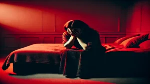 Uma mulher sentada na beira de uma cama, em um quarto iluminado por tons intensos de vermelho. Ela cobre o rosto com as mãos, aparentando tristeza e reflexão. Ela está em busca de como trazer o ex de volta de forma definitiva.