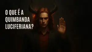Representação simbólica da Quimbanda Luciferiana com figura esotérica e elementos ritualísticos, ilustrando o poder espiritual e a busca pelo autoconhecimento através de Lúcifer.
