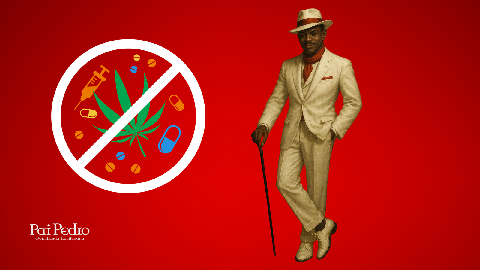 Imagem com fundo vermelho vibrante. À esquerda, um grande símbolo de proibição em branco envolvendo uma folha de maconha, seringas, cápsulas e comprimidos — todos simbolizando drogas. À direita, um homem negro elegante, de expressão confiante e serena, vestindo terno branco, chapéu panamá com fita vermelha, lenço vermelho no pescoço e sapatos sociais brancos. Ele segura uma bengala com classe e transmite a imagem de Zé Pilintra — entidade tradicional da cultura afro-brasileira. No canto inferior esquerdo, está escrito: "Pai Pedro — Quimbanda Luciferiana".