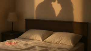 Quarto vazio iluminado pelo pôr do sol, mostrando na parede a sombra de um casal em intimidade, representando a paixão platônica.
