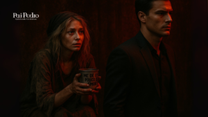 Mulher de aparência cansada e roupas rasgadas segura uma caneca com a frase "Me dê um pouco de amor", olhando com expressão de carência para um homem bem-vestido que a ignora, simbolizando a dor de mendigar afeto.