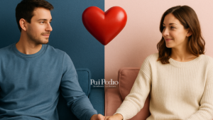 Casal sentado em sofás separados, olhando um para o outro e segurando as mãos, com um coração vermelho entre eles, simbolizando o relacionamento LAT, e o texto “Pai Pedro – Quimbanda Luciferiana” no centro.