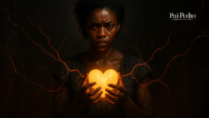 Mulher de expressão séria segurando um coração luminoso em meio à escuridão, com faíscas de energia saindo de suas mãos, simbolizando a dor e o poder emocional em um relacionamento em crise.
